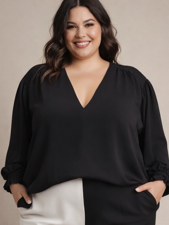Magaschoni Tops - NWT Magaschoni SZ 3X Black sheer blouse/V-neck/pleated shoulder & cuffs/bust 58”
